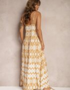 rosa Rochie Bej din Viscoză cu Bretele cu Croială Cloș și Model Geometric Xervidia