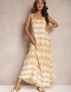 rosa Rochie Bej din Viscoză cu Bretele cu Croială Cloș și Model Geometric Xervidia