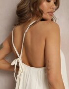 rosa Rochie bej din viscoză cu bretele decorată cu paiete și fir metalic Beloe