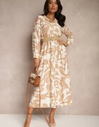 rosa Rochie Bej din Viscoză cu Croială Tip Cămașă cu Curea Împletită Faledina