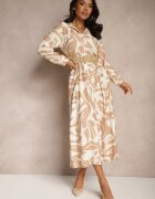 rosa Rochie Bej din Viscoză cu Croială Tip Cămașă cu Curea Împletită Faledina