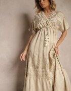 rosa Rochie Bej din Viscoză cu Decolteu Petrecut și Franjuri Redevie