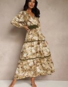 rosa Rochie Bej Evazată cu Decolteu Petrecut cu Volane și Curea Fezisha