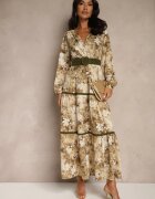 rosa Rochie Bej Evazată cu Decolteu Petrecut cu Volane și Curea Fezisha