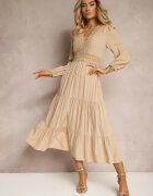 rosa Rochie Bej Evazată cu Volan și Dantelă Kiaya