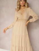 rosa Rochie Bej Evazată cu Volan și Dantelă Kiaya