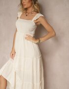 rosa Rochie Bej Evazată din Viscoză cu Cusături Metalice Iffaria