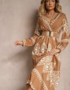 rosa Rochie Bej Imprimată din Viscoză Croială petrecută cu Curea și elastic în talie Sagilaine