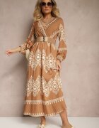 rosa Rochie Bej Imprimată din Viscoză Croială petrecută cu Curea și elastic în talie Sagilaine
