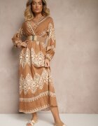rosa Rochie Bej Imprimată din Viscoză Croială petrecută cu Curea și elastic în talie Sagilaine