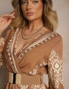 rosa Rochie Bej Imprimată din Viscoză Croială petrecută cu Curea și elastic în talie Sagilaine