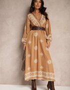 rosa Rochie bej imprimată din viscoză cu croială petrecută cu elastic și cordon Zinalise