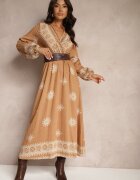 rosa Rochie bej imprimată din viscoză cu croială petrecută cu elastic și cordon Zinalise