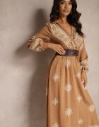 rosa Rochie bej imprimată din viscoză cu croială petrecută cu elastic și cordon Zinalise