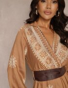 rosa Rochie bej imprimată din viscoză cu croială petrecută cu elastic și cordon Zinalise