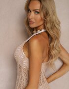 rosa Rochie Bej închis Ajurată Mulată cu Fante și Legătură la Spate Jonalia