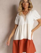 rosa Rochie Bej-Portocalie Decorată cu dantelă la decolteu cu croi drept Vikia