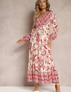 rosa Rochie Bej-Roșie Maxi cu Decolteu Petrecut și Elastic în Talie Nerene