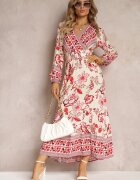 rosa Rochie Bej-Roșie Maxi cu Decolteu Petrecut și Elastic în Talie Nerene