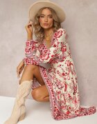 rosa Rochie Bej-Roșie Maxi cu Decolteu Petrecut și Elastic în Talie Nerene