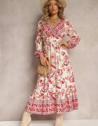 rosa Rochie Bej-Roșie Maxi cu Decolteu Petrecut și Elastic în Talie Nerene