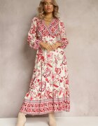 rosa Rochie Bej-Roșie Maxi cu Decolteu Petrecut și Elastic în Talie Nerene