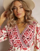 rosa Rochie Bej-Roșie Maxi cu Decolteu Petrecut și Elastic în Talie Nerene