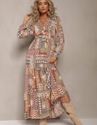 rosa Rochie Bej-Roz cu Decolteu Petrecut cu Imprimeu Patchwork Matij