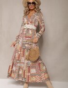 rosa Rochie Bej-Roz cu Decolteu Petrecut cu Imprimeu Patchwork Matij