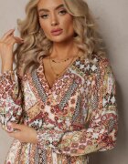 rosa Rochie Bej-Roz cu Decolteu Petrecut cu Imprimeu Patchwork Matij