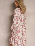 rosa Rochie Bej-Roz Mini cu Imprimeu Floral cu Volan Lat la Tiva Faeyra