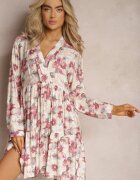 rosa Rochie Bej-Roz Mini cu Imprimeu Floral cu Volan Lat la Tiva Faeyra