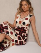 rosa Rochie Bej și Maro Croșetată din Bumbac cu Croială Mulată Atenissa