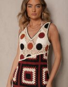 rosa Rochie Bej și Maro Croșetată din Bumbac cu Croială Mulată Atenissa
