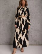 rosa Rochie Bej și Negru Tip cămașă animal print Accesorizată cu curea Valentola