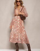 rosa Rochie Bej și Roz Midi cu talie elastică și volan Besslia