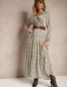 rosa Rochie Bej și Verde Petrecută cu imprimeu leopard evazată decorată cu centură cu cataramă Rinalia