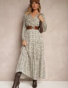 rosa Rochie Bej și Verde Petrecută cu imprimeu leopard evazată decorată cu centură cu cataramă Rinalia