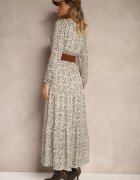 rosa Rochie Bej și Verde Petrecută cu imprimeu leopard evazată decorată cu centură cu cataramă Rinalia