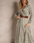 rosa Rochie Bej și Verde Petrecută cu imprimeu leopard evazată decorată cu centură cu cataramă Rinalia