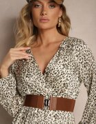 rosa Rochie Bej și Verde Petrecută cu imprimeu leopard evazată decorată cu centură cu cataramă Rinalia