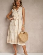 rosa Rochie Bej tip cămașă din Viscoză Decorată cu Centură și Broderii Aralova