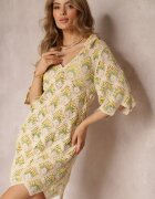 rosa Rochie bej-verde croșetată cu decolteu adânc și mânecă scurtă din bumbac Achla