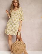 rosa Rochie bej-verde croșetată cu decolteu adânc și mânecă scurtă din bumbac Achla