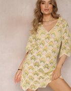 rosa Rochie bej-verde croșetată cu decolteu adânc și mânecă scurtă din bumbac Achla