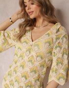 rosa Rochie bej-verde croșetată cu decolteu adânc și mânecă scurtă din bumbac Achla