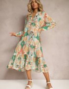rosa Rochie Bej-Verde cu croială evazată cu mânecă lungă și volan Dollati
