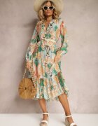 rosa Rochie Bej-Verde cu croială evazată cu mânecă lungă și volan Dollati