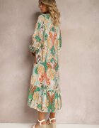 rosa Rochie Bej-Verde cu croială evazată cu mânecă lungă și volan Dollati