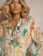 rosa Rochie Bej-Verde cu croială evazată cu mânecă lungă și volan Dollati